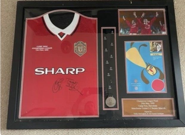 Man Utd 1999 Treble winning champions league jersey signed by Sheringham & Solskjaer