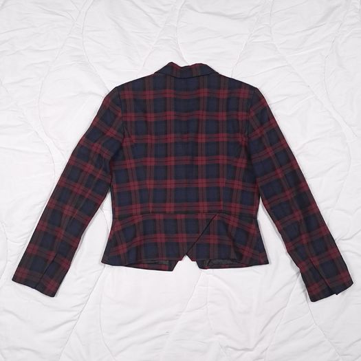 Zara Burgundy Red & Navy Blue Tartan Plaid Tailored Blazer Jacket Size L