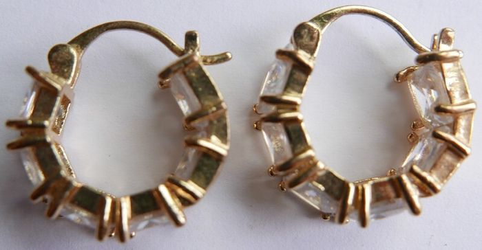 Vintage Gold Plated Huggie Hoop Earrings Cubic Zirconia Stones