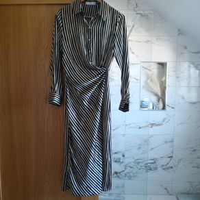 Mango striped shirt dress midi black/cream silky satin S 8 10