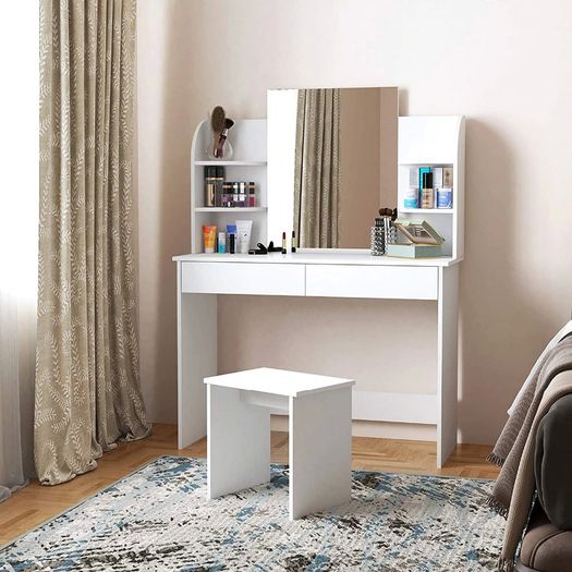 BRAND NEW Modern Dressing Table Set Cosmetic Table With Mirror 2 Drawers 4 Shelves For Home Bedroom 108x42x142cm