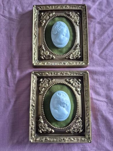 A pair of MidCentury Kelgin wall hanging Plaster  Vintage decorative pair of wall plaques featuring plaster cameos on green velvet background with ornate gold relief plaster frames