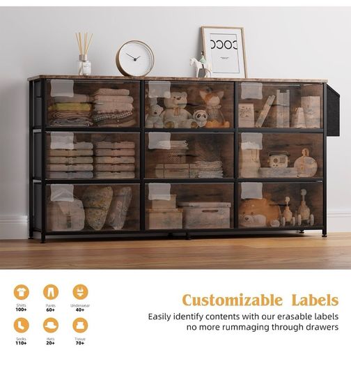 Fabric Chest of Drawers 9 Drawers Large TV Stand for 43-65 TVs Label Cards, Side Pocket &
