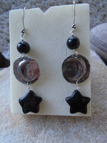 Moon and stars earrings, Handmade crystal jewellery, Pewter, Sterling Silver , Black Obsidian stars, Crystal healing