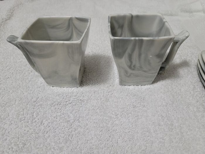 Stylish Modern Porcelain China Square 55 Piece Dinner Set, Marble Grey, Dinnerware, Dinner Party Set. Plates, Cups Mugs Bowls Egg Cups