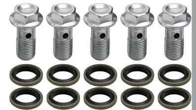 Stainless Steel Banjo Bolts 5 Pcs M10 Banjo Bolts Brake Line Fittings Adapter Single Banjo Bolt Universal with Copper Washers Sliver M10 x1mm