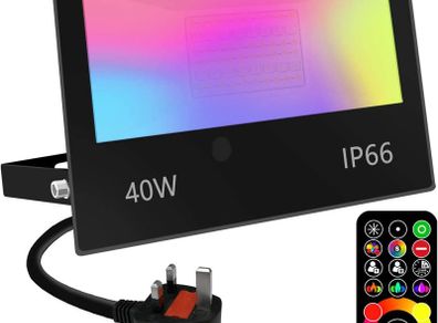 LED Floodlight Outdoor 40W 4000LM, Flood Lights Colour Changing, 120 RGB Colours- Warm White-Timing-Remote Control - 5 Modes, IP66 Waterproof, UK 3-Plug