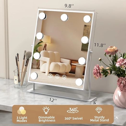 Makeup Mirror with Lights, Hollywood Vanity Mirror with 3 Colors Lighting Modes, Touch Control, 360 Ratation, Dimmable 9 LED Bulbs Lighted Makeup Mirror for Dressing Room & Bedroom White