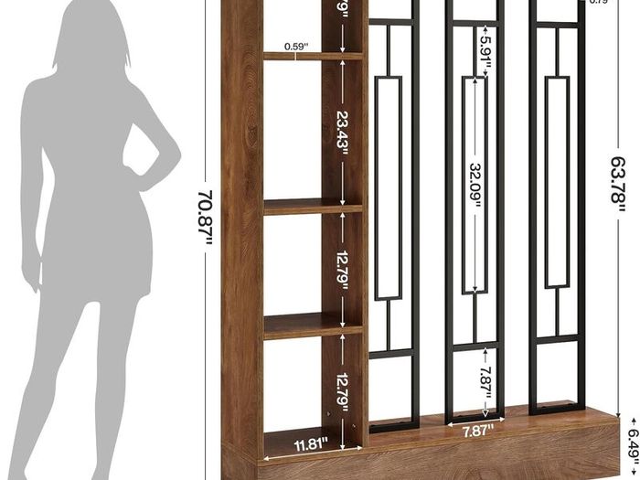 120cm Modern Wood & Metal Room Divider with Shelves, Freestanding Privacy Screen, Brown & Black, for Living Room, Office & Entryway