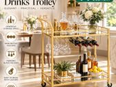 Gold Serving Trolley Drinks Bar Cart with Mirrored Shelves Wine Rack Glass Holders and Wheels