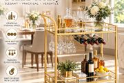Gold Serving Trolley Drinks Bar Cart with Mirrored Shelves Wine Rack Glass Holders and Wheels