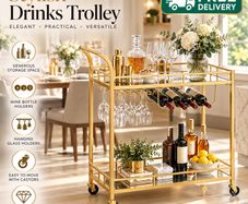 Gold Serving Trolley Drinks Bar Cart with Mirrored Shelves Wine Rack Glass Holders and Wheels