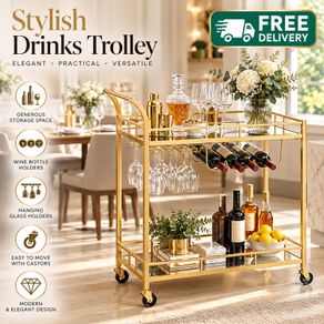 Gold Serving Trolley Drinks Bar Cart with Mirrored Shelves Wine Rack Glass Holders and Wheels