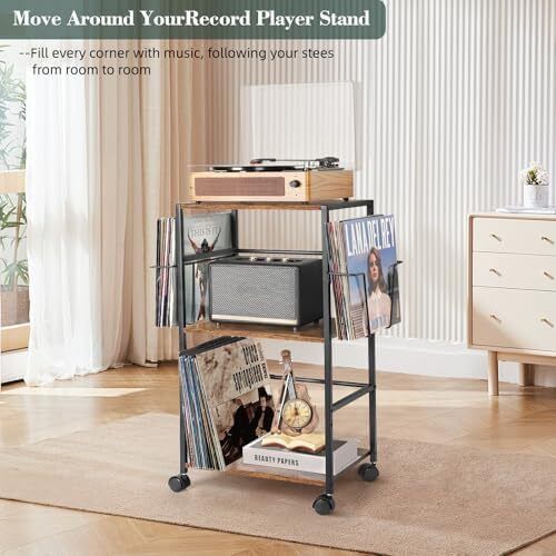 Rolling Record Player Stand with Vinyl Storage for 150 Albums Turntable Side Table Cart with 2 Display Shelves