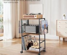 Rolling Record Player Stand with Vinyl Storage for 150 Albums Turntable Side Table Cart with 2 Display Shelves