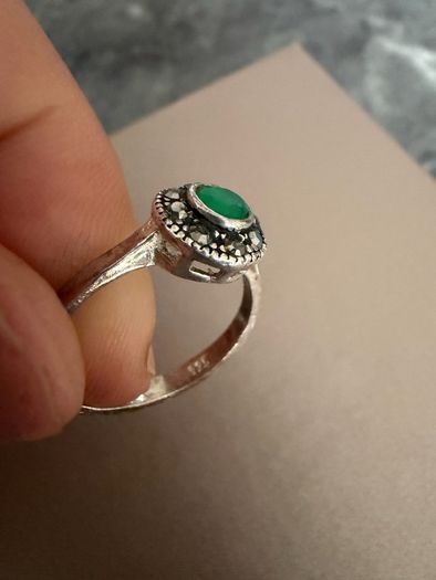 925 Sterling Silver Marcasite Ring with Green Stone Vintage