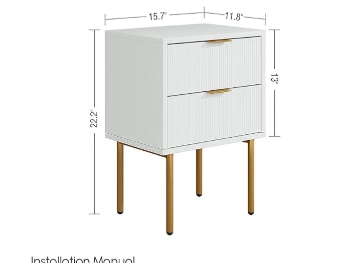 Small Bedside Tables with 2 Drawers, Wooden Nightstand with Gold Legs, Mid-Century Modern Bed Side End Table for Bedroom, Living Room, White