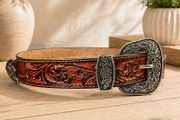 Unisex Genuine Leather Tooled Belt Vintage Floral Western Leather Belt