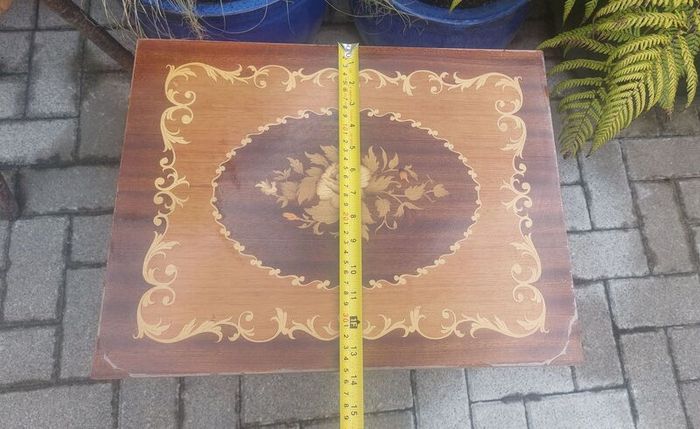 Vintage Mid Century Side Table with a Handmade Marquetry Panel Top Featuring a Floral Motif, Unknown Maker, Presume Italian-Made, Condition Issues, Needs Restoring