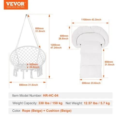 Hanging Hammock Swing Chair, 330 Lbs Capacity, Macrame Hanging Chair with Cushion and Mounting Hardware, Cotton Rope Swing Chair for Bedroom, Balcony, Patio, Garden, Beige