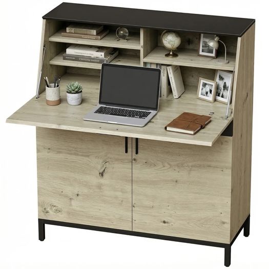Industrial Secretary Desk with Shelves and Metal Frame 100 cm Natural Wood and Black