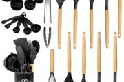 Silicone Kitchen Utensils 22 Pieces, Set of Utensils da Cucina per Pentole Antiaderenti, Heat and Non-Stick with Wooden Handle for Utensils BPA Free (Black)