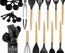 Silicone Kitchen Utensils 22 Pieces, Set of Utensils da Cucina per Pentole Antiaderenti, Heat and Non-Stick with Wooden Handle for Utensils BPA Free (Black)