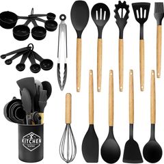 Silicone Kitchen Utensils 22 Pieces, Set of Utensils da Cucina per Pentole Antiaderenti, Heat and Non-Stick with Wooden Handle for Utensils BPA Free (Black)