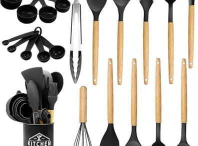 Silicone Kitchen Utensils 22 Pieces, Set of Utensils da Cucina per Pentole Antiaderenti, Heat and Non-Stick with Wooden Handle for Utensils BPA Free (Black)