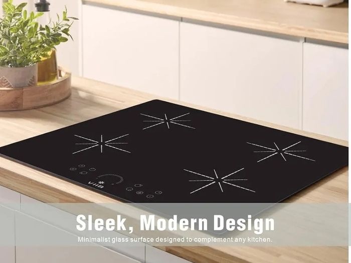 Induction Hob 60cm, 4 Zone Electric Cooktop, 7000W Built In Hob, Hardwired Installation No Plug, Touch Control, Booster, Timer, Child Lock, Auto Shut-Off, Black Glass  Star Burst Zone Design