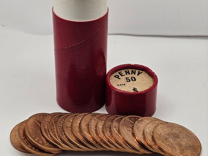 Great Britain 1966 Beautiful Uncirculated Lustrous Penny Roll Tube of 50 Coins