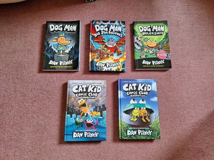 3 Dog Man and 2 Cat Kid Books