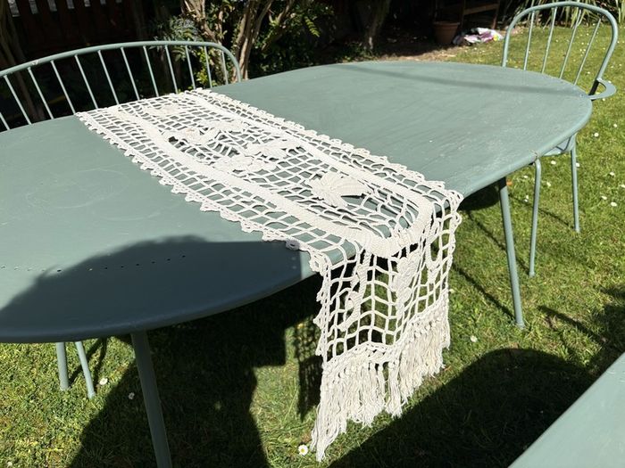 Vintage French Crochet Table Runner with fringe each end
