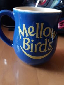 Vintage Mellow Birds Blue Yellow Coffee Mug Rare Retro Collectable Advertising