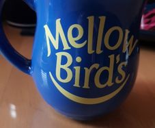 Vintage Mellow Birds Blue Yellow Coffee Mug Rare Retro Collectable Advertising