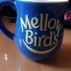 Vintage Mellow Birds Blue Yellow Coffee Mug Rare Retro Collectable Advertising