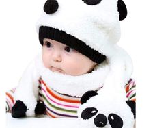 unisex Winter set Scarf and Cap Panda Style Size uni . Fits up to 3 years