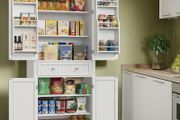 Tall White Storage Cabinet with Shelves and Drawer  XL Freestanding MDF Pantry Unit 182 cm