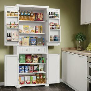 Tall White Storage Cabinet with Shelves and Drawer  XL Freestanding MDF Pantry Unit 182 cm