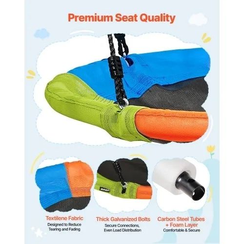 Swing Set for Backyard, 100 cm Saucer Swing Seat with Heavy Duty A-Frame Metal Stand, 199.6 kg Load Capacity, Reinforced with Spiral Ground Anchors, Swingset Outdoor for Kids, Green and Colorful