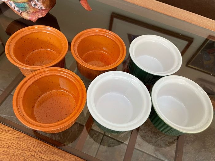 Vintage Mixed Set Emile Henry Ramekins Brown and Green Ribbed Oven to Tableware Set of 6 1980s 2000s