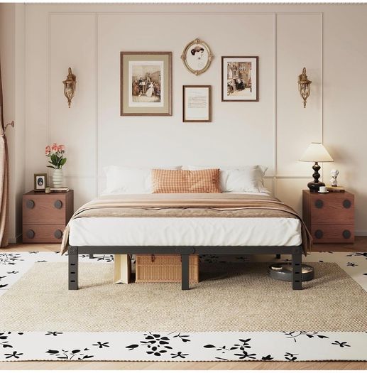 Metal Double Bed Frame Sturdy Platform Bed Underbed Storage, Steel Slat Support, Easy Assembly, Noise Free, Heavy Duty, 35.5cm High