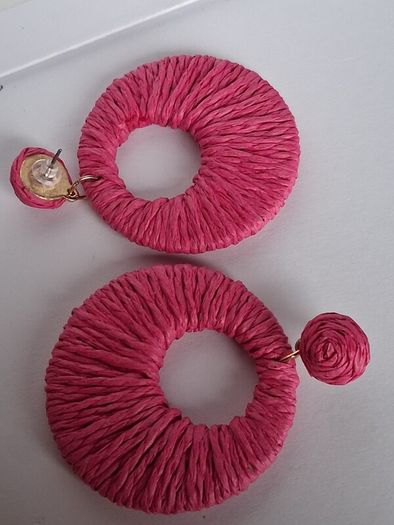Hot Pink Raffia Woven Stud Hollow Out Woven Hoop Earrings
