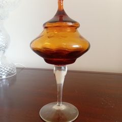 Vintage Italian Empoli Amber Glass Lidded Candy Dish / Apothecary Jar, dating to the 1960s or 1970s
