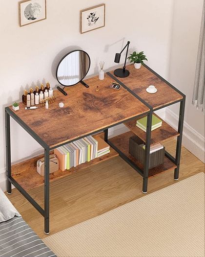Home Office Corner Gaming Desk, Computer Desk with Storage Shelves, Vanity Table, Wood Metal Writing Study Workstation,Rustic