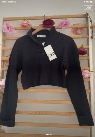 jumper Bnwt Zara navy cropped jumper with button neckline size small