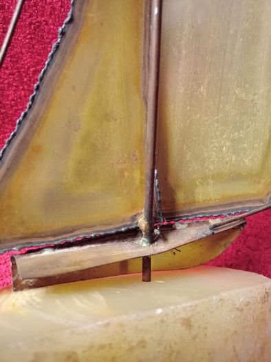 Vintage 1970's Sculpture Brass /  Metal Sailboat On Onyx Stone Base -Signed DeMott
