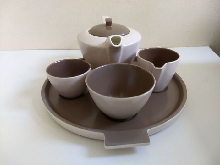 Fabulous Very Rare Vintage MCM Poole Pottery Twintone Tea for One Bachelor Set with Matching Tray All in Colourway C54, Sepia and Mushroom, Streamline Shape, Circa 1950s