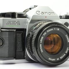 Canon AE-1 Program Silver/ Chrome 35mm SLR Film Camera with fast Canon FD 50mm f1. 8 FDn, Recently FULLY SERVICED and in Good Condition.