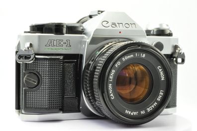 Canon AE-1 Program Silver/ Chrome 35mm SLR Film Camera with fast Canon FD 50mm f1. 8 FDn, Recently FULLY SERVICED and in Good Condition.